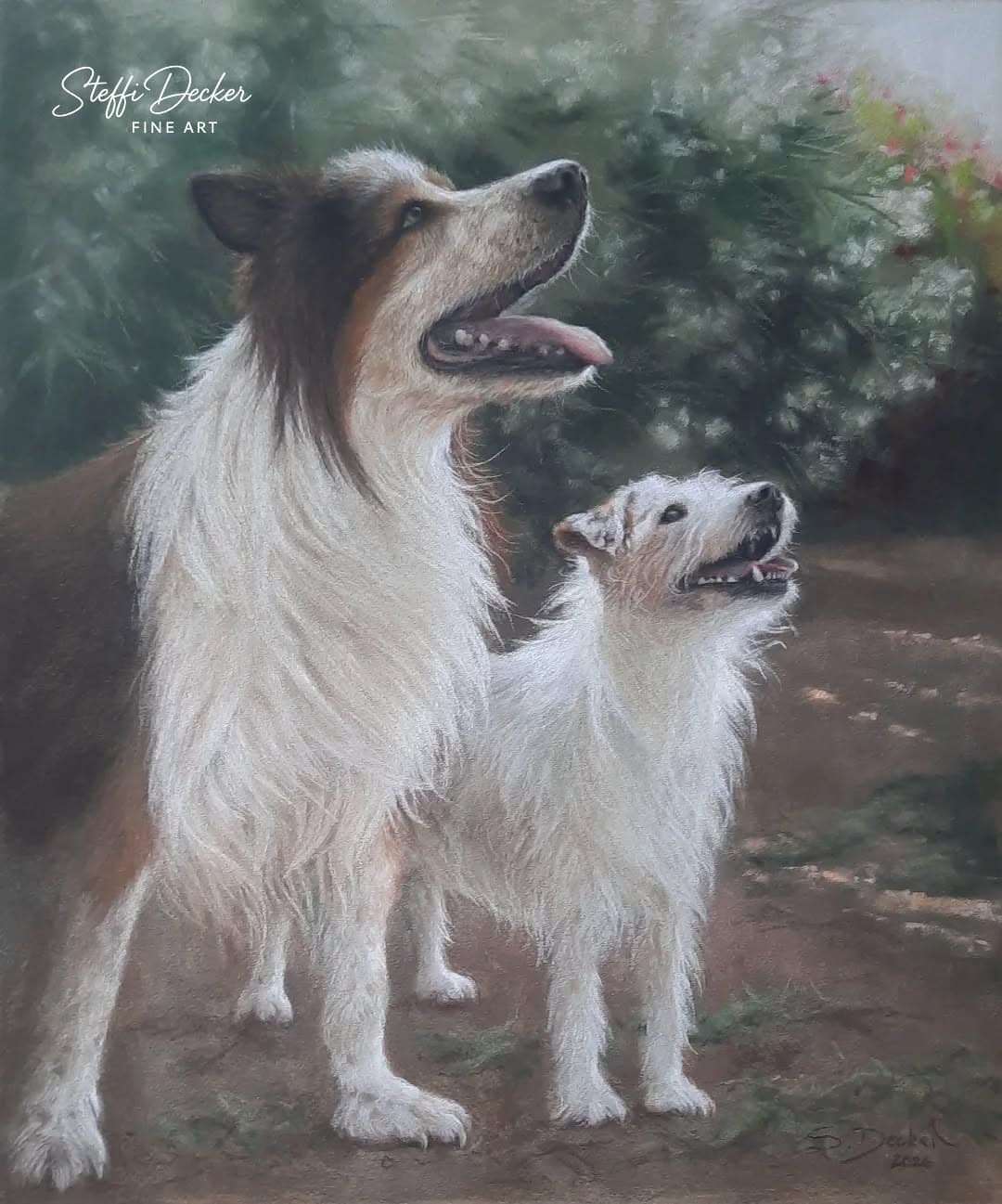 Gemälde von zwei Hunden mit hellem Fell, die nebeneinander auf einem Waldweg stehen und nach oben blicken.