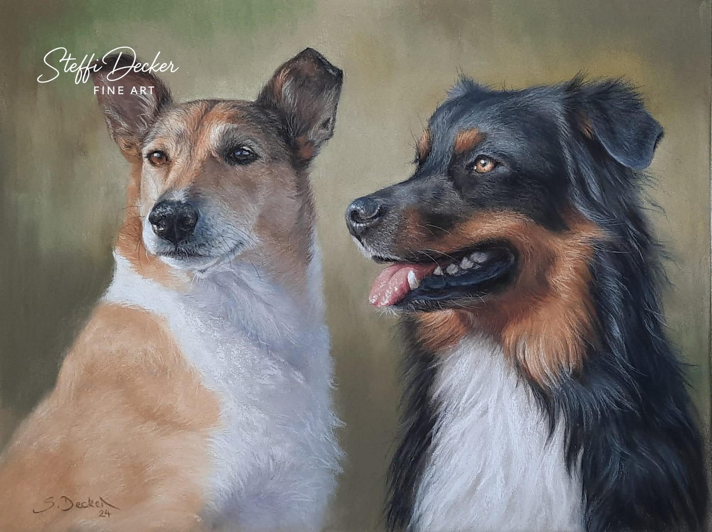 Ein Gemälde zeigt zwei Hunde nebeneinander vor einem weich verlaufenden, naturfarbenen Hintergrund: links ein kurzhaariger Hund mit hellem, beige‑weißem Fell und aufgerichteten Ohren, rechts ein langhaariger Hund mit schwarzem, braunem und weißem Fell, der mit geöffnetem Maul leicht zur Seite blickt.