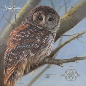 Gemälde einer Waldkauz-Eule ‚Hüterin des Wissens‘ von Steffi Decker. Kunstvolles Tierportrait mit Symbolen. Limitierter Kunstdruck auf Anfrage.
