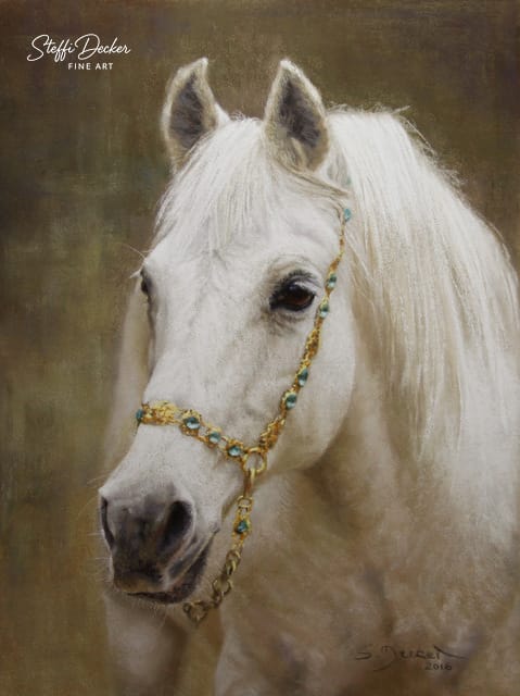 Ein weißes Pferd mit hellem Fell und feinem Schopf trägt ein kunstvoll geflochtenes Halfter mit türkisfarbenen Perlen und steht vor einem warmen, neutralen Hintergrund.