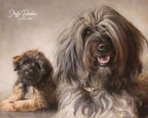 Zwei zottelige Hunde sitzen nebeneinander: Im Vordergrund ein großer Hund mit langem, grauschwarzem Fell und leicht geöffnetem Maul, dahinter ein kleinerer Hund mit kürzerem, hellbraunem Fell.