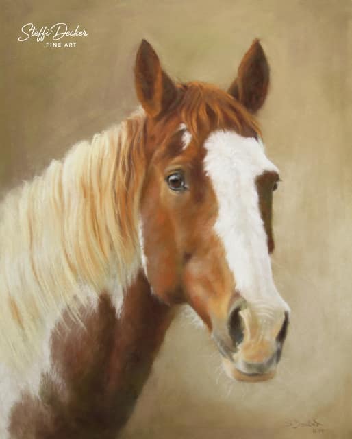 Ein braun‑weiß geschecktes Pferd mit heller Mähne steht seitlich vor einem warmen, weich verschwommenen Hintergrund und blickt aufmerksam nach vorn.