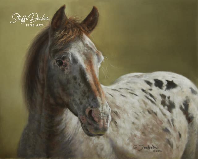 Ein geschecktes Pferd mit hellem Fell und dunklen Flecken steht vor einem warmen, olivgrünen Hintergrund und blickt leicht zur Seite.