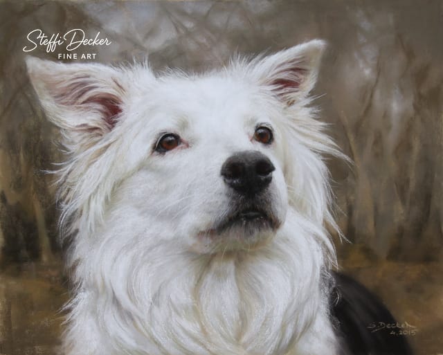 Ein kleiner, langhaariger Hund mit weißem Fell sitzt vor einem weich verschwommenen, naturfarbenen Hintergrund, die Ohren aufgerichtet und das Fell leicht aufgeplustert.