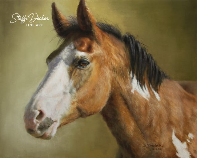 Ein braun-weiß geschecktes Pferd mit dunkler Mähne steht seitlich im warmen Licht, vor einem weich verschwommenen, naturfarbenen Hintergrund.