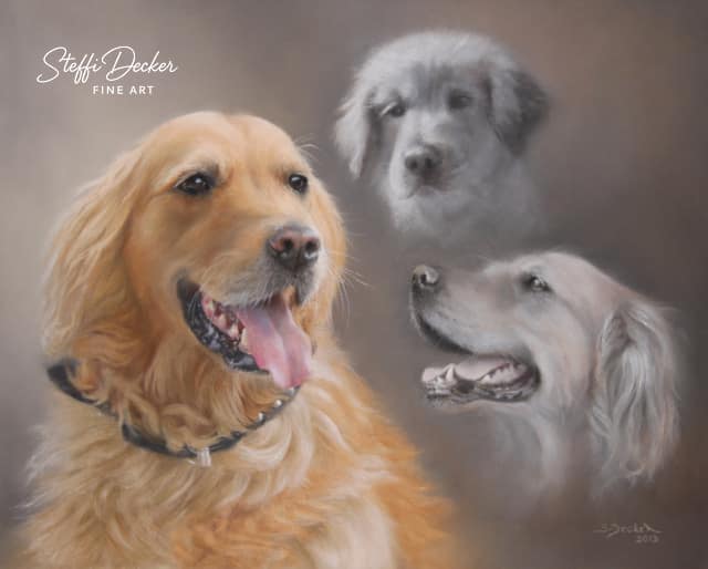Ein Gemälde zeigt ein goldenfarbenes Hundeporträt im Vordergrund, ergänzt durch zwei weitere Darstellungen desselben Hundes: oben rechts ein junges Tier mit weichem Fell und darunter eine seitliche Ansicht mit geöffnetem Maul vor einem sanft verlaufenden, warmen Hintergrund.