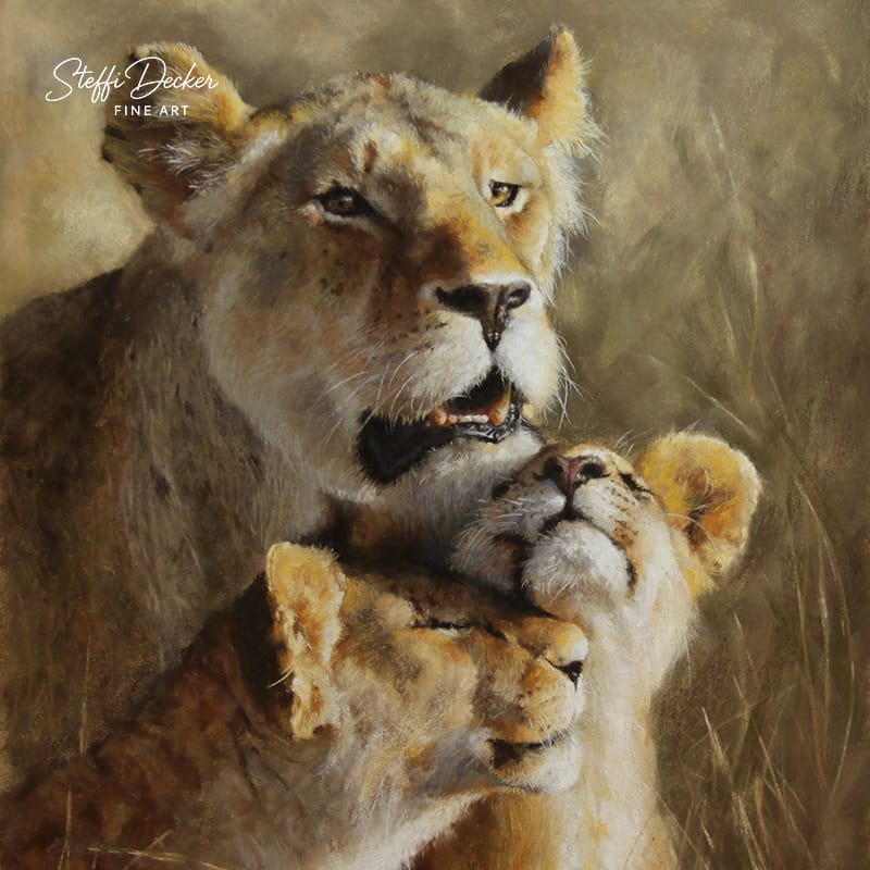 wei junge Löwen liegen eng beieinander im hohen Gras, während warmes Licht ihre Köpfe und das goldene Fell beleuchtet.“