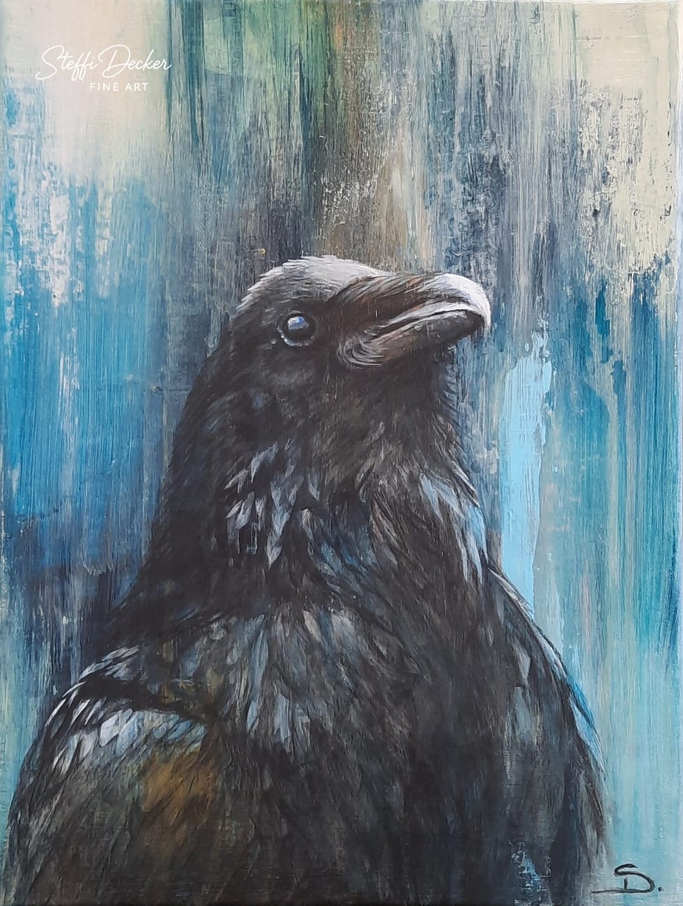 Original-Acrylgemälde ‚Der Seelenseher‘ von Steffi Decker. Mystisches Raben-Portrait mit intensivem Blick auf Leinwand. Einzigartiges Tierkunstwerk in Blau- und Schwarztönen. Erhältlich auf persönliche Anfrage.