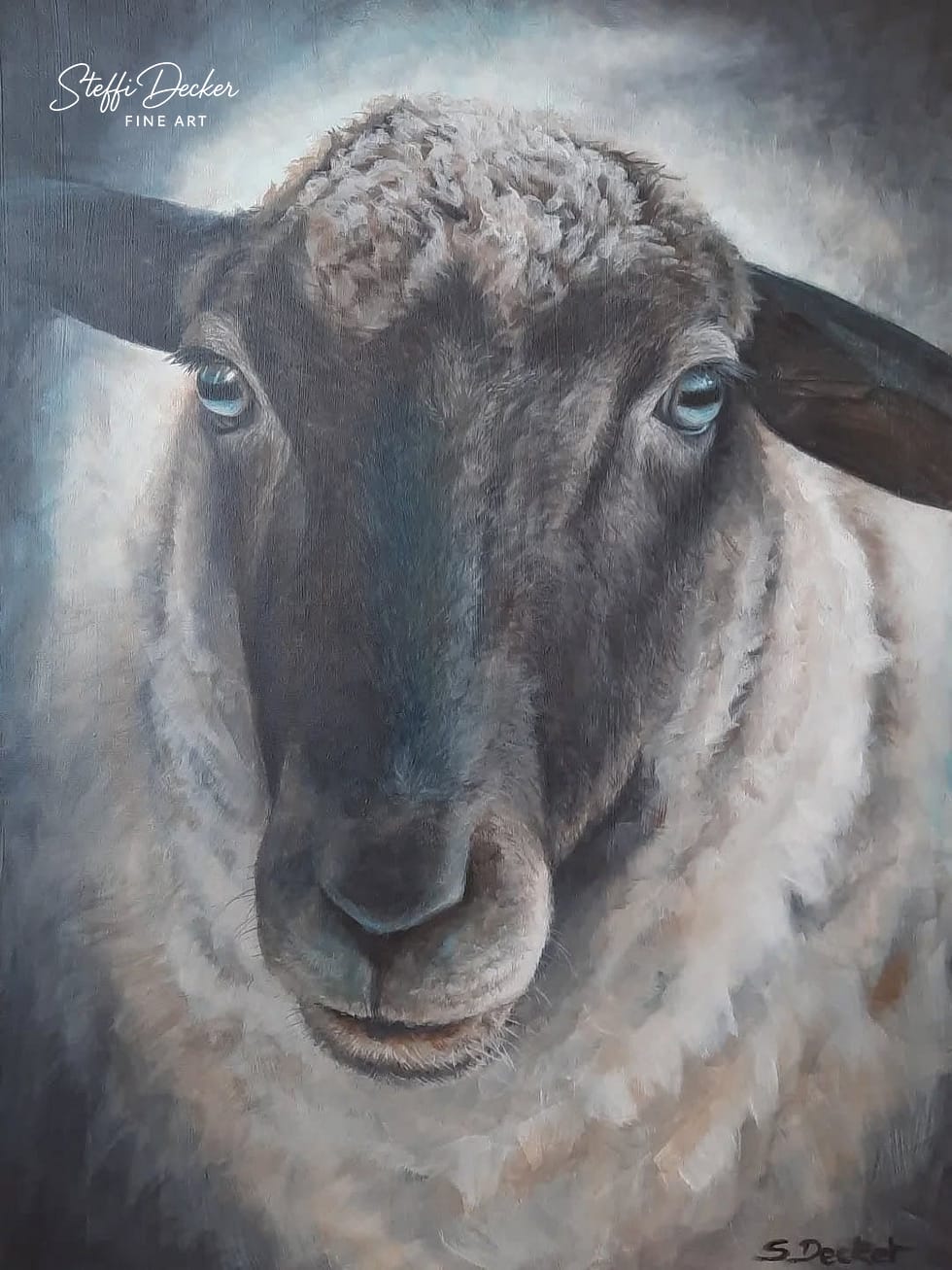 Handgemaltes Original-Acrylgemälde eines Schafes ‚Sanft-Mut‘ von Steffi Decker. Hochwertiges, realistisches Tierportrait auf Leinwand mit faszinierenden blauen Augen und detailliert ausgearbeiteter Wolle. Einzigartiges modernes Wandbild für Kunstsammler.