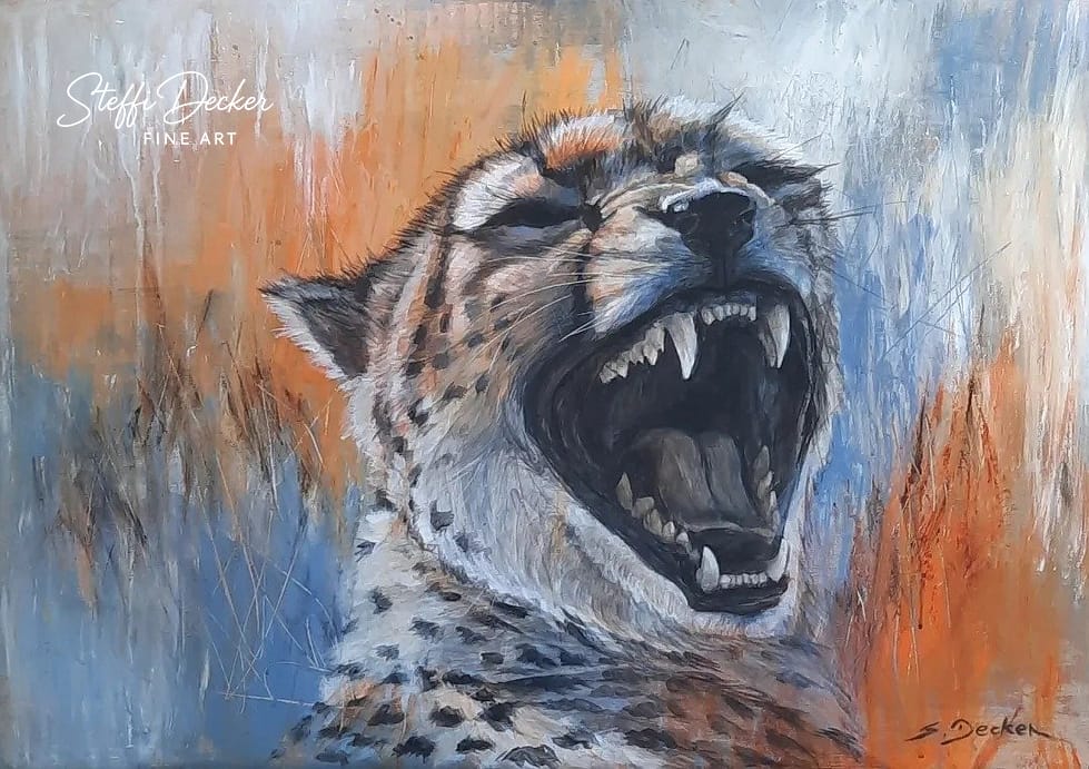 Original-Acrylgemälde ‚Erwachen der Wildnatur‘ von Steffi Decker. Kraftvolles Portrait eines fauchenden Gepards auf Leinwand, das Energie und Wildheit ausstrahlt. Handgemaltes Einzelstück, bei Interesse auf Anfrage erwerbbar.